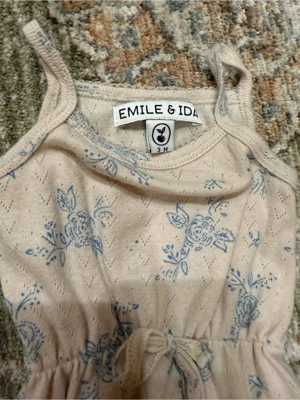 Emile et Ida Cream Romper with Light Blue Floral Print and Tie Waist 3M